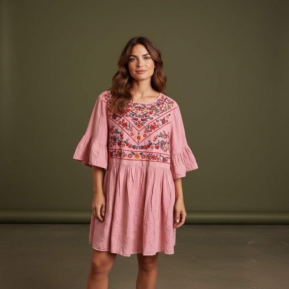 Kirundo Pink Floral Embroidered Boho Babydoll Mini Dress Bell Sleeve Womens M